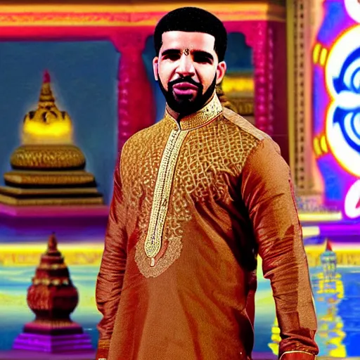 Image similar to drake the rapper wearing a kurta, hindu kovil scene, extremely realistic, drake's face