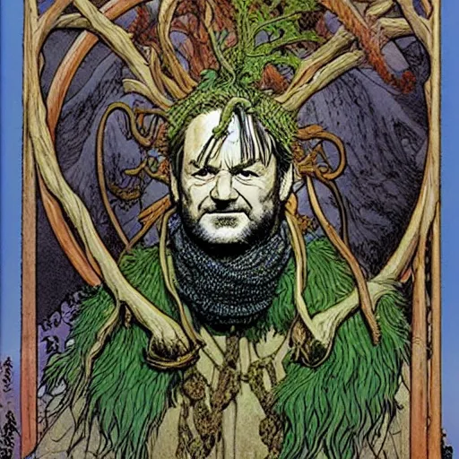 Prompt: a realistic and atmospheric high fantasy portrait of bill murray as a mystical druidic warrior wizard doing an arcane pagan ritual by rebecca guay, michael kaluta, charles vess and jean moebius giraud