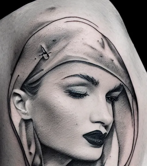 Image similar to tattoo design sketch of an extremely beautiful woman face with a faded background of beautiful mountains on her side, hyper - realistic, double exposure effect, in the style of matteo pasqualin, amazing detail, black and white, faded