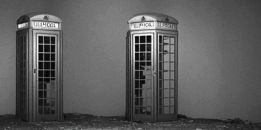 Image similar to an abandoned and deserted telephone booth in the dark of the night, weird, haunted, misty, dark and evil, demonic, sinister, ambient lighting, 8 k render, hyper realistic, photo realistic, unreal engine 5 render