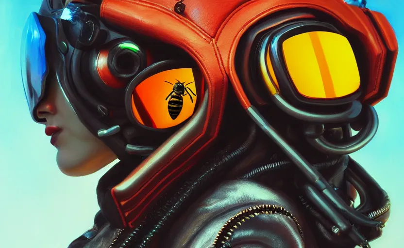 Prompt: closeup painting of bee, cyberpunk, wearing crimson shutter shades and a black leather jacket, portrait, hyperdetailed, artstation, cgsociety, 8 k, synthwave by tangerine dream