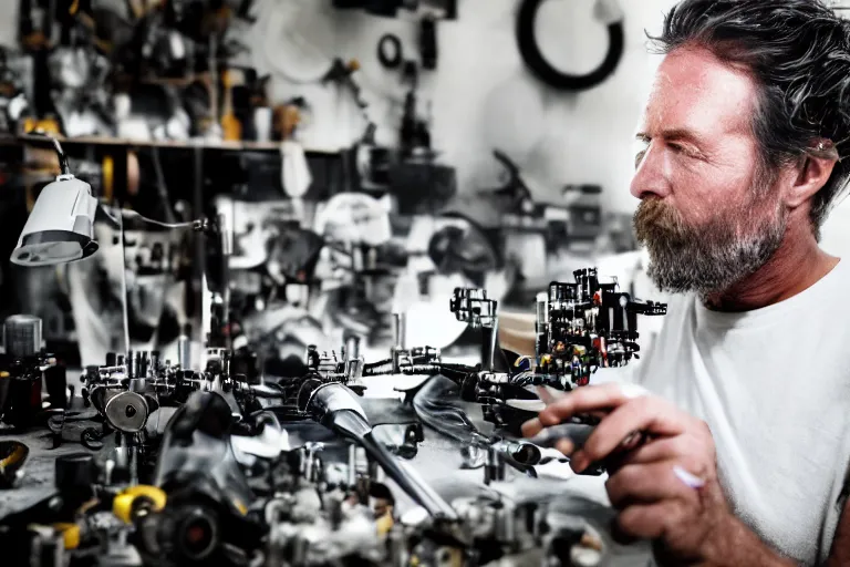 Image similar to cinematography closeup portrait of a Man soldering repairing robot parts in his garage by Michael Bay