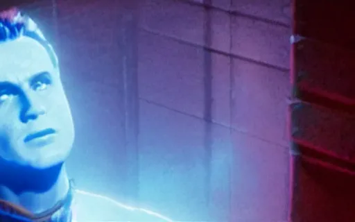 Image similar to still frame from blockbuster movie showcasing groundbreaking cgi a character made of blue cherenkov radiation