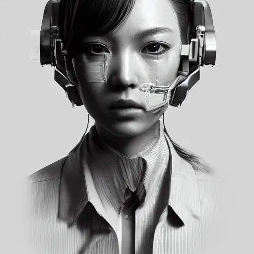 Prompt: the portrait of an absurdly beautiful, graceful, sophisticated, fashionable cyberpunk japanese school girl, an ultrafine hyperdetailed illustration by kim jung gi, irakli nadar, greg rutkowski, intricate linework, complex wiring, porcelain skin, machine guns, unreal engine 5 highly rendered, global illumination, radiant light, detailed and intricate environment