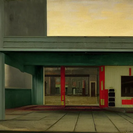 Image similar to monster in an abandoned gas station, daguerreotype by edward hopper, by henri rousseau, by Bosch, by Pontormo, art noveau, highly detailed, strong lights, liminal, eerie, Bright pastel colors, octane render, 8k