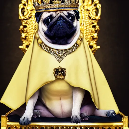 4 k, realistic, extra detail, pug wearing royal robes Stable