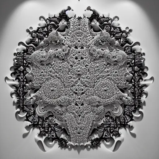 Image similar to a beautiful 3 d painting of a sprawling intricate mandelbrot fractal populated by julia fractals by android jones, carved soap, white color scheme, volumetric lighting, dynamic lighting, dramatic lighting, high contrast, carved marble, opalescent, sacred geometry, religious, angelic, catholicpunk, stark, trending on artstation