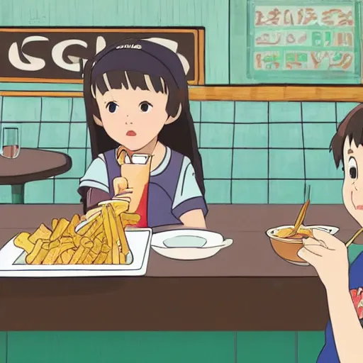 Image similar to a young girl eats a poutine in a greasy spoon restaurant, studio ghibli style