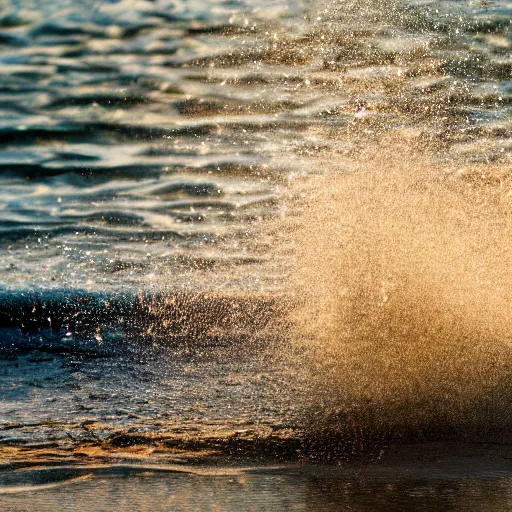 Image similar to photograph of cat running through the shallow waves at the beach, high quality, hd, flickr, sharp focus, cinematic lighting, rim lighting, enhanced colors