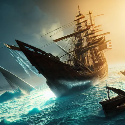 Image similar to ancient ship battle, highly detailed, photorealistic portrait, bright studio setting, studio lighting, crisp quality and light reflections, unreal engine 5 quality render