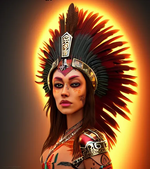 Prompt: character design, aztec warrior goddess with beautiful woman face, crown of very long feathers, full body, glowing aztec tattoos, beautiful, dark fantasy, super - resolution, ultra - hd, 1 0 8 0 p, vray