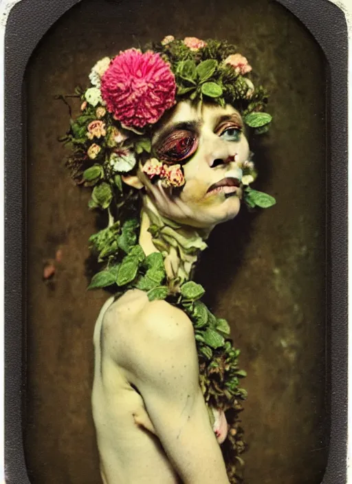 Image similar to beautiful and detailed rotten woman made of plants and many types of stylized flowers like carnation, chrysanthemum, roses and tulips, intricate, surreal, john constable, guy denning, gustave courbet, caravaggio, romero ressendi 1 9 1 0 polaroid photo