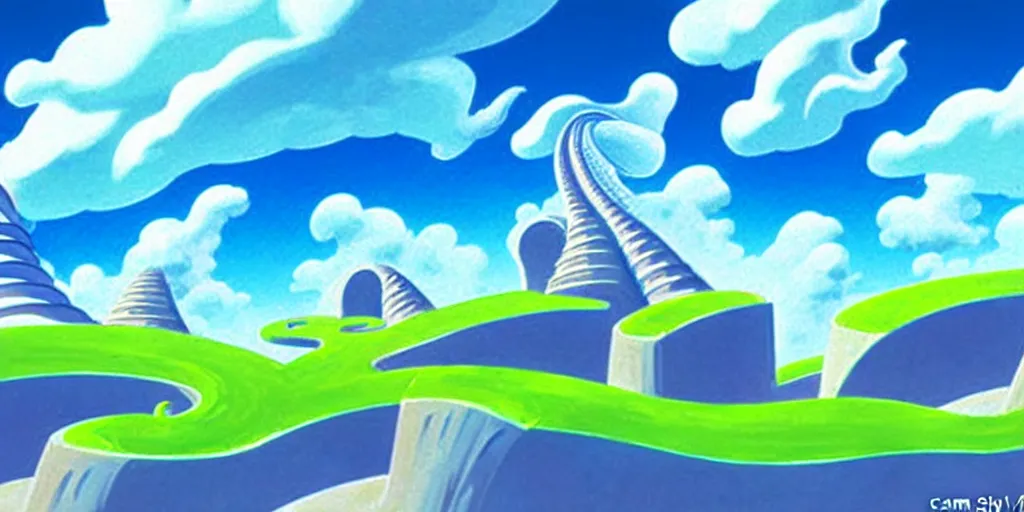 Image similar to cartoon concept art, clean blue sky, spiral cirrus clouds, from sam and max