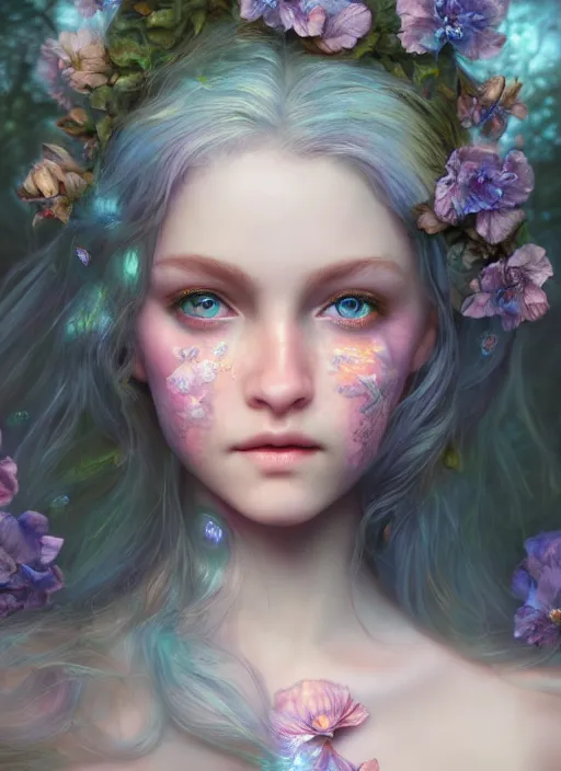 Prompt: portrait of a gorgeous fairy princess of the forest, perfect blue eyes, detailed iridescent floral pattern skin, 8k render, ultra realistic, cinematic lighting, artstation, artgerm, Seb McKinnon