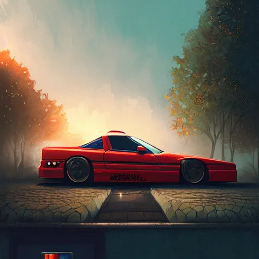 Image similar to detailed intricate digital illustration by greg rutkowski and artgerm and wlop and sanford robinson gifford ; 1 9 9 4 vehicle, 1 3 mm film, wide angle arri alfa anamorphic lens ; bright, vintage headlights and 1 9 9 0 s design ; sharp focus, soft evening lighting