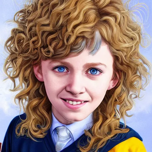 Prompt: close - up portrait a short slightly curly blonde hair hufflepuff!! boy age 1 1 years old with grey - blue eyes, cute, smiling!! fantasy, portrait, highly detailed, digital painting, artstation, concept art, sharp focus, illustration, studio photo, studio lighting, art by artgerm and greg rutkowski and magali villeneuve