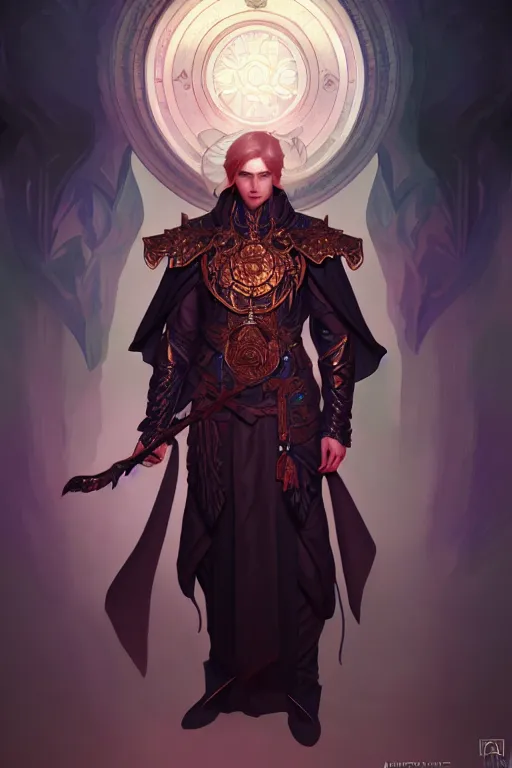 Image similar to male aasimar warlock, highly detailed, digital painting, artstation, sharp focus, illustration, art by tan zi and ayanamikodon and alphonse mucha and wlop