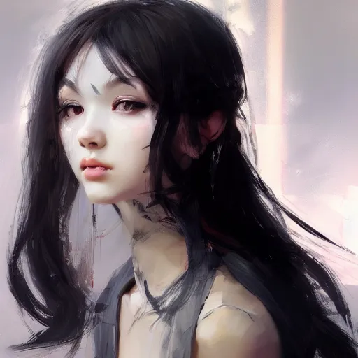 Image similar to a cute and beautiful girl by ruan jia, 8 k, closeup headshot, smooth, trending on artstation, black long hair, black eyes, movie poster style