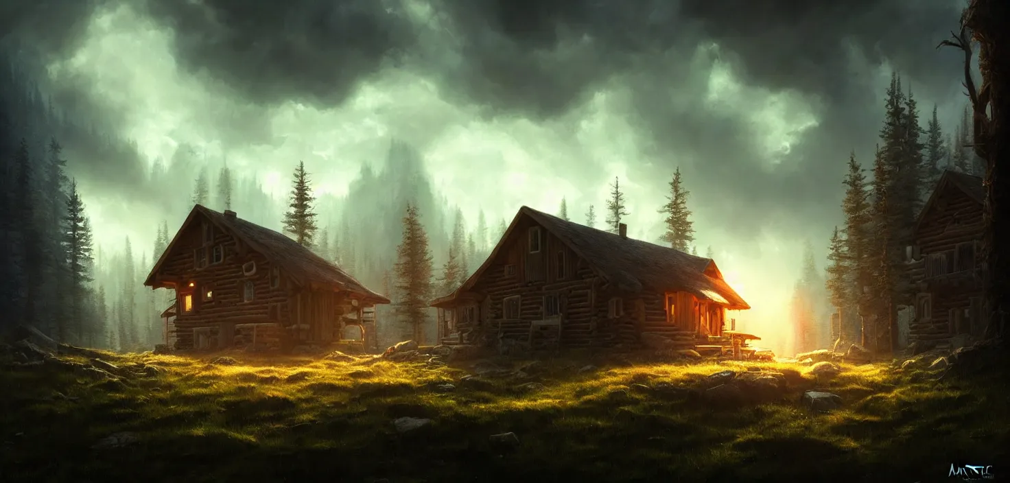 Prompt: concept art of an inside of a cabin in the woods closeup, cinematic view, epic sky, detailed, concept art, low angle, high detail, warm lighting, volumetric, godrays, vivid, beautiful, trending on artstation, by jordan grimmer, huge scene, grass, art greg rutkowski
