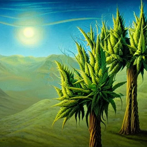 Image similar to surrealistic painting of cannabis trees on alien planet, by vladimir kush