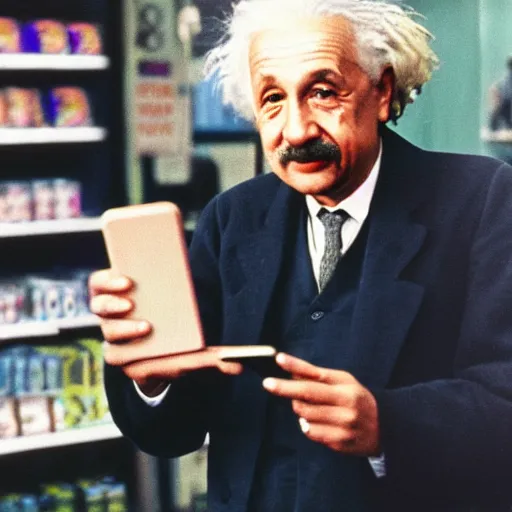 Prompt: colorized photo of Albert Einstein holding a smartphone in Walmart, 4k