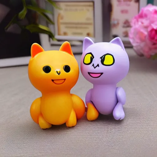 Prompt: some cute plastic toys that look like animal characters, sunset colors