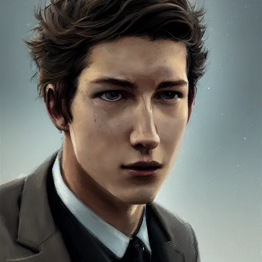 Image similar to portrait of a man by greg rutkowski, he looks like tye sheridan, he is about 2 0 years old, messy brown hair, tired eyes, he is wearing a black and white keblar superhero suit, highly detailed portrait, digital painting, artstation, concept art, smooth, sharp foccus ilustration, artstation hq