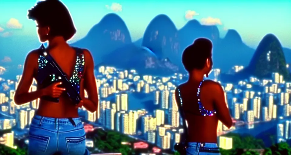 Prompt: 1 9 8 6 movie screencap of a girl with a gun on a rio de janeiro, gucci clothes, sparkles sky, beautiful favela background extremely utra high quality photo 8 k