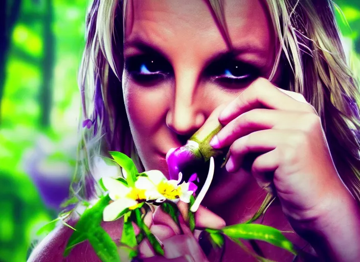 Image similar to super macro of britney spears drinking from a flower in the forest. fantasy horror cyberpunk style. highly detailed 8 k. intricate. nikon d 8 5 0 3 0 0 mm. award winning photography.