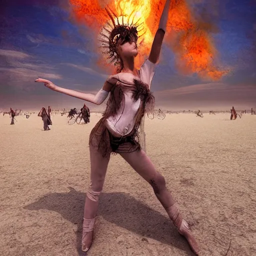 Image similar to burning man ballerina, digital art, post apocalyptic, fantasy