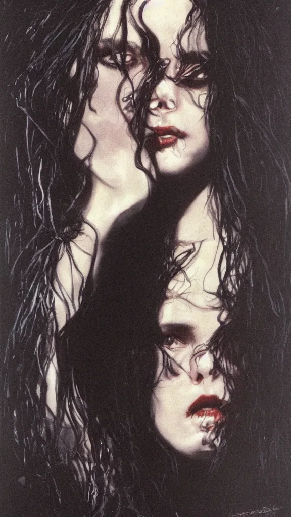 Prompt: Isabelle Adjani from Possession (1981), poster artwork illustrated by Les Edwards and Ed Repka