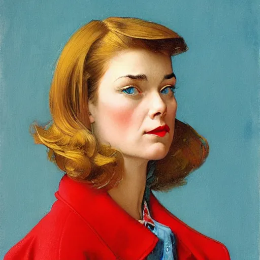 Image similar to frontal portrait of a woman with ice Blue eyes, straight bangs and a red coat, by Norman Rockwell and Gerald Brom