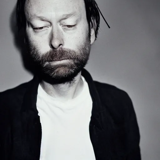 Image similar to Radiohead singer, holding the moon upon a stick, with a beard and a black jacket, a portrait by John E. Berninger, dribble, neo-expressionism, uhd image, studio portrait, 1990s