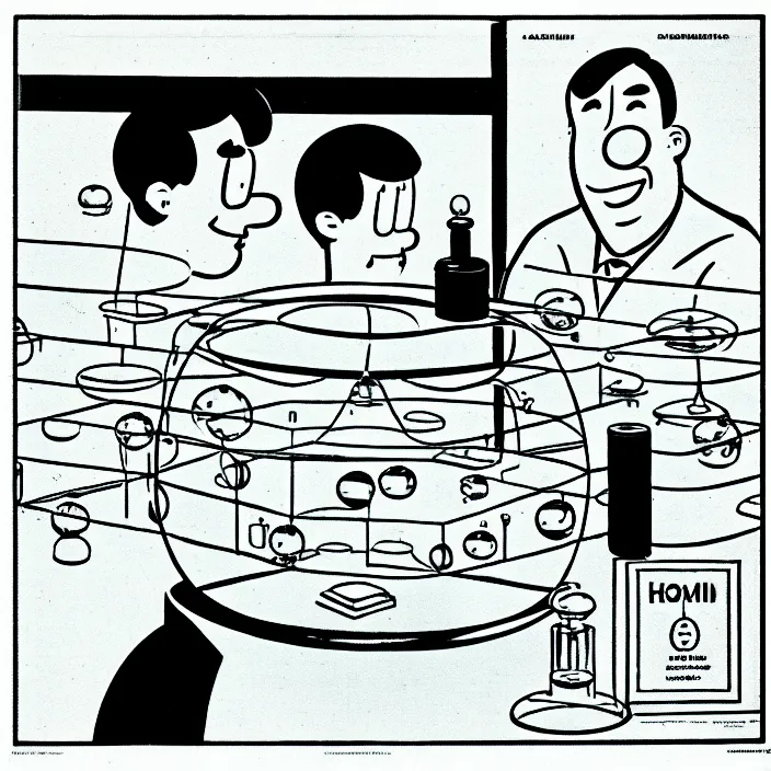 Image similar to a still frame from comic strip, a chemistry molecule model 1 9 5 0, herluf bidstrup, new yorker illustration, monochrome contrast bw, lineart, manga, tadanori yokoo, simplified,