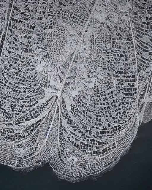 Image similar to the wake of a boat, made of intricate decorative lace leaf skeleton, shot from a drone, in the style of the dutch masters and gregory crewdson, dark and moody