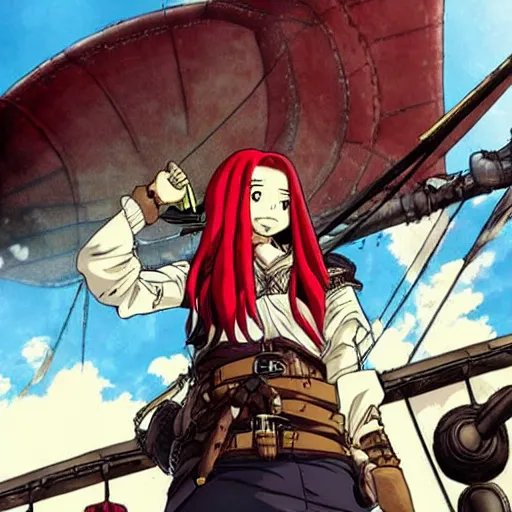 Image similar to sky-pirate with long red hair in front of a steampunk airship, vinland saga, anime style