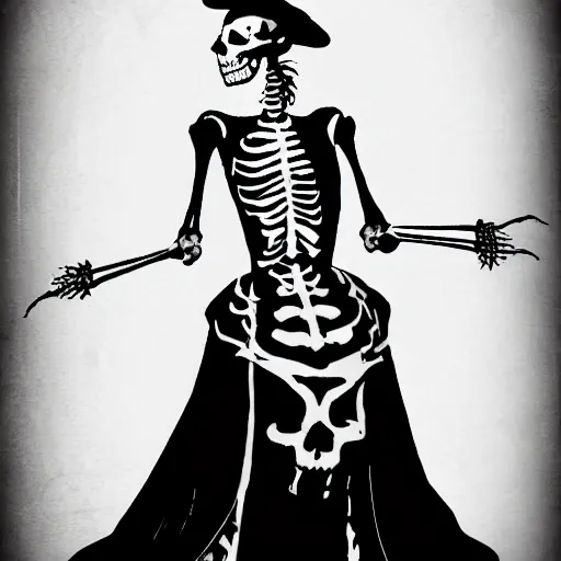 Prompt: Skeleton in a dress in style of the Victorian era