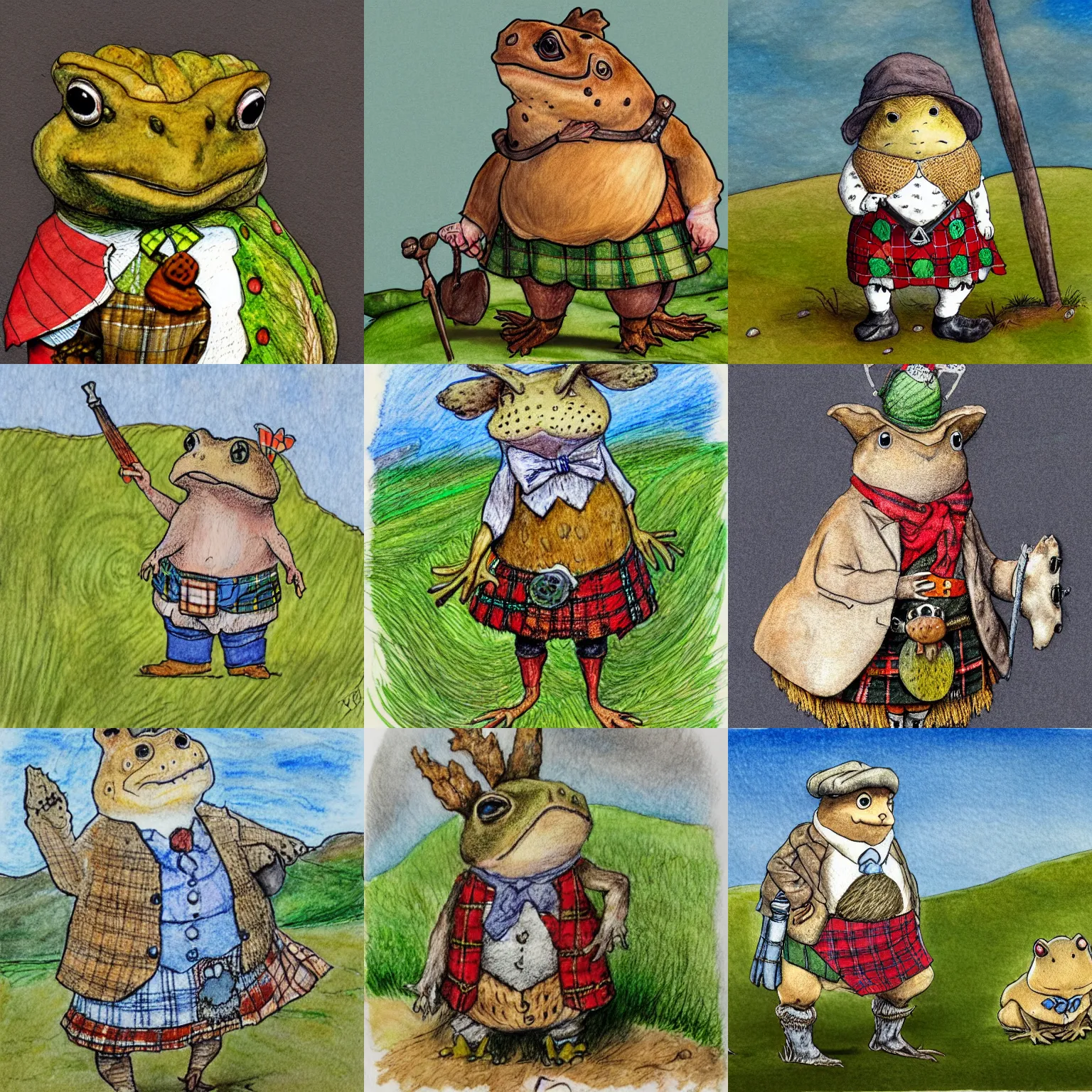 Prompt: full body portrait of a toad in kilt, posing proudly on a hill, 4 k, children's illustration, very detailed, pencil and watercolour, in the style of beatrix potter
