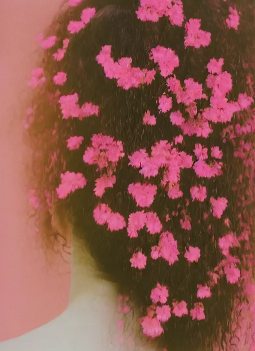 Image similar to extra close-up, color film photography, the back of a woman\'s head with interwoven flowers against a pink wall, daylight, 35mm