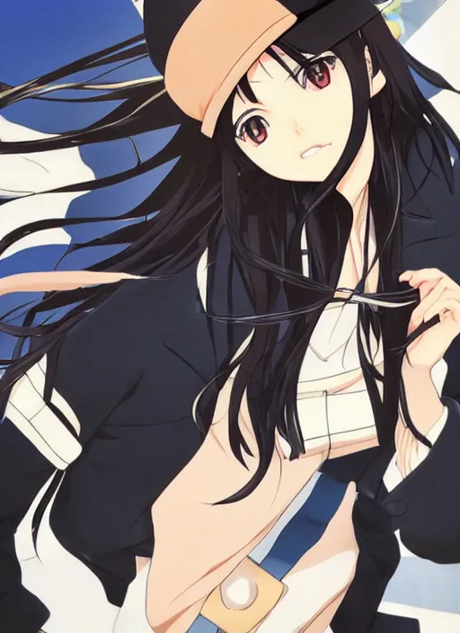 Image similar to key anime visual of a beautiful girl wearing a beige beret and blue shirt; long black hair; anime; drawn by Shigenori Soejima; 3 tone colors