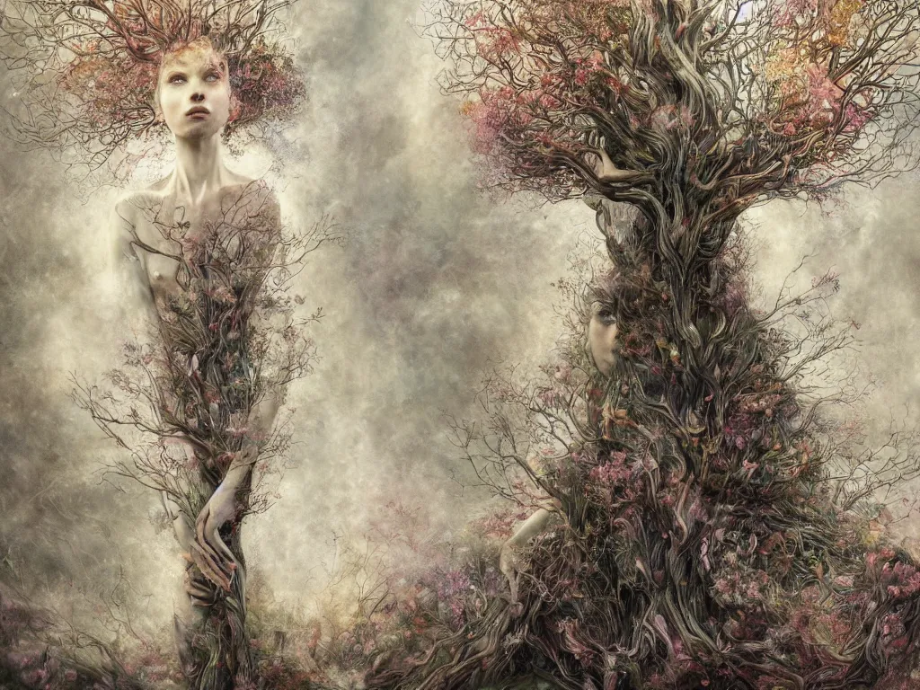 Prompt: a artistic multicalors zoom out picture with singular human -tree with crown like mycelium blossom branches highly detailed by Agostino Arrivabene, by Agnes Cecile and by Abbott Fuller Graves