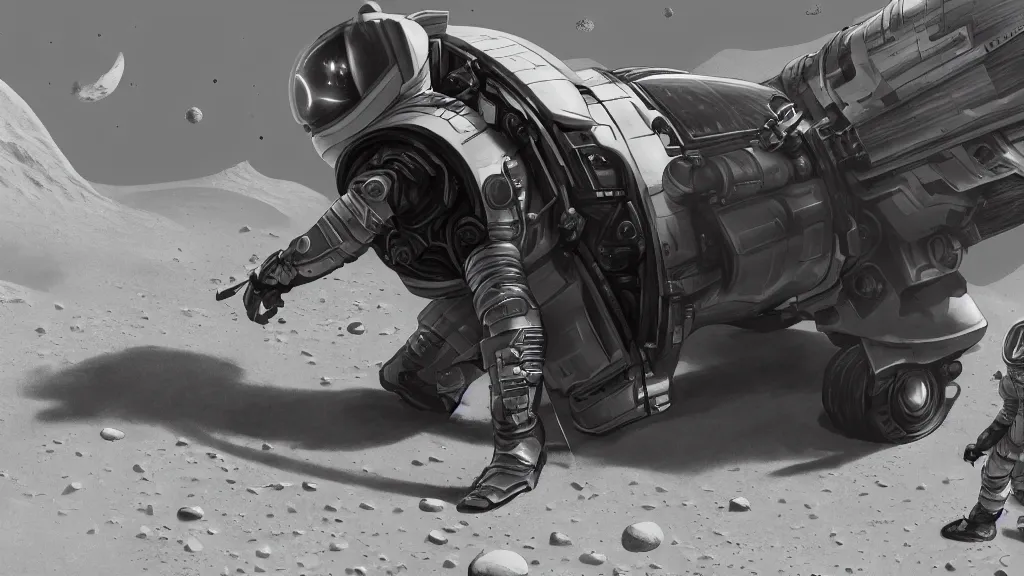 Prompt: side view of a futuristic astronaut pulling some wheeled luggage behind him on the surface of the Moon, concept art, matte painting, artstation