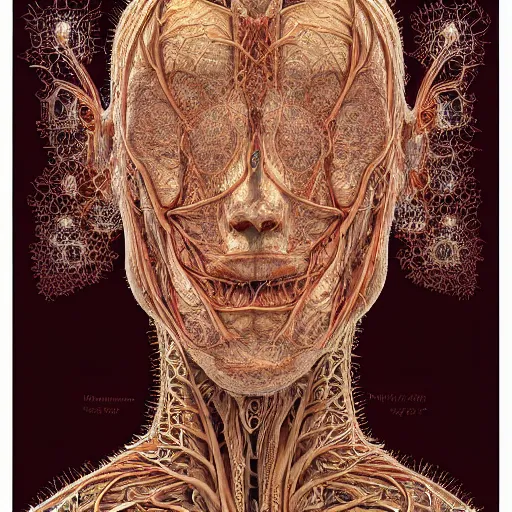 Image similar to face portrait, 150 mm, anatomical, flesh, flowers, mandelbrot fractal, veins, arteries, symmetric, intricate, golden ratio, full frame, microscopic, elegant, highly detailed, ornate, ornament, elegant , luxury, beautifully lit, ray trace, octane render in the style of peter Gric , alex grey and Romero Ressendi