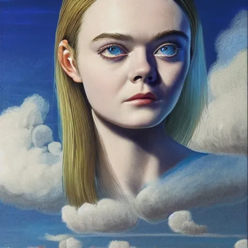 Prompt: professional painting of Elle Fanning in the style of Chesley Bonestell, head and shoulders portrait, symmetrical facial features, smooth, sharp focus, illustration, intricate, stormy weather, extremely detailed masterpiece,