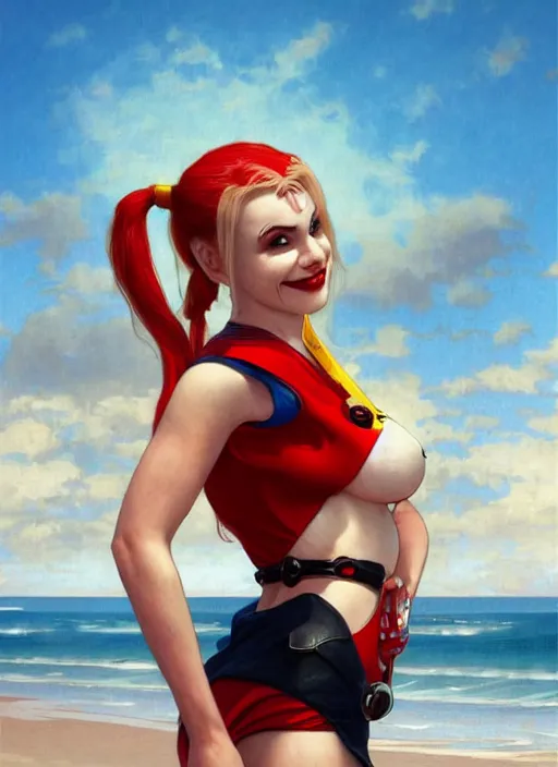 Prompt: portrait Harley Quinn as sea lifeguard on the beach, full length shot, shining, 8k highly detailed, sharp focus, illustration, art by artgerm, mucha, bouguereau