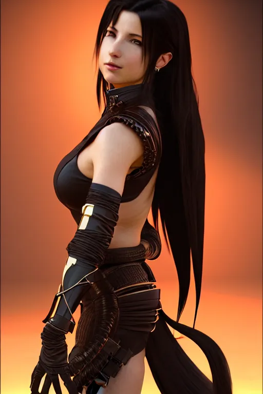 Prompt: Tifa Lockhart rendered in Cinema 4D, elegant and ornate futuristic armor, hands held across chest interlocking, dark brown flowing long hair, art by Artgerm and Alphonse Mucha, hyperrealism, full body photogenic shot, digital render, cinematic lighting ornate earrings, 8k resolution, masterpiece work