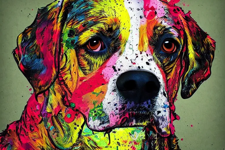 Image similar to a masterpiece painting of a dog portrait, in the style of artur bordalo, digital art, muted colors