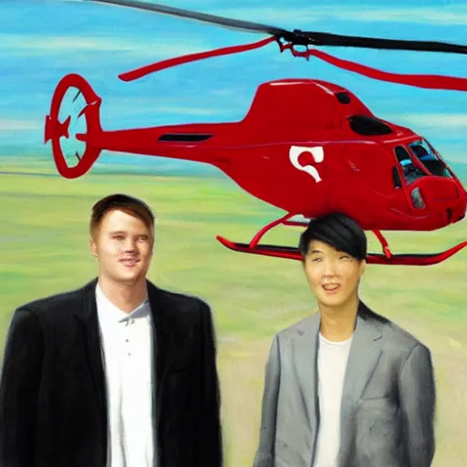 Image similar to painting of blonde swedish guy and tall korean guy in front or robinson helicopter