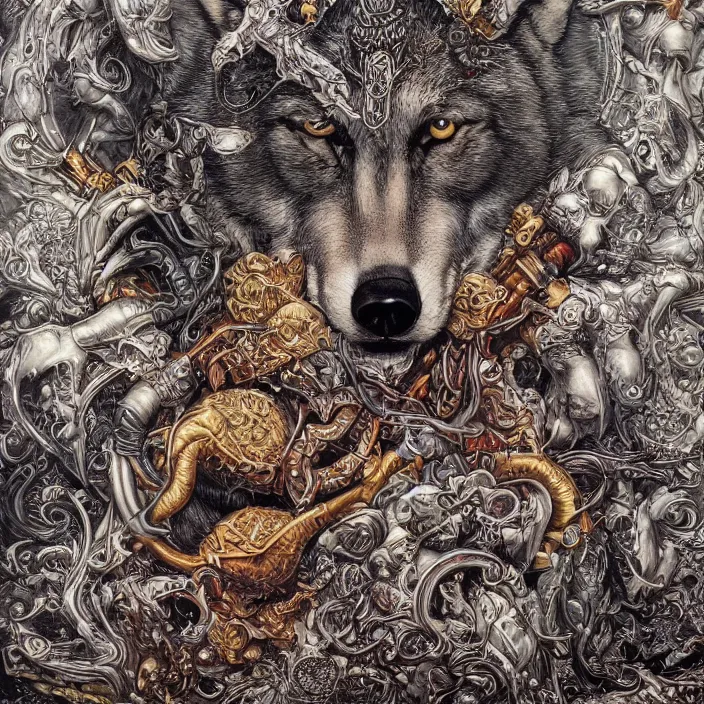 Image similar to a wolf in the style of a hard rock album art cover, in many colors, insanely detailed and intricate, hypermaximalist, elegant, ornate, luxury, elite, by james jean, by brian froud, hyper realistic, super detailed, flickr, filmic, cryengine