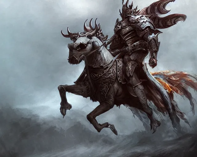 Image similar to A faded ghost devil warrior riding a giant ghost horse with armour, fantasy art, in the style of Frank Neidhardt, illustration, epic art, fantasy, intricate, elgant, amazing detail, digital painting, artstation, concept art, smooth, sharp focus